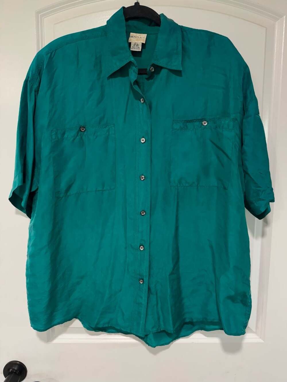 Vintage 80s Emerald Green Silk Shirt Oversized Button Down Blouse Women’s L